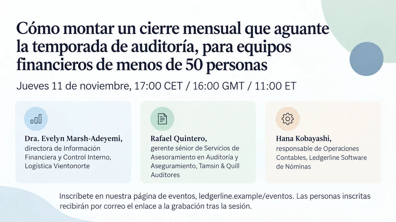Publicación de webinar con ponentes, zona horaria y línea de inscripción: Tres ponentes con cargos largos y tres zonas horarias, como publicación horizontal para LinkedIn