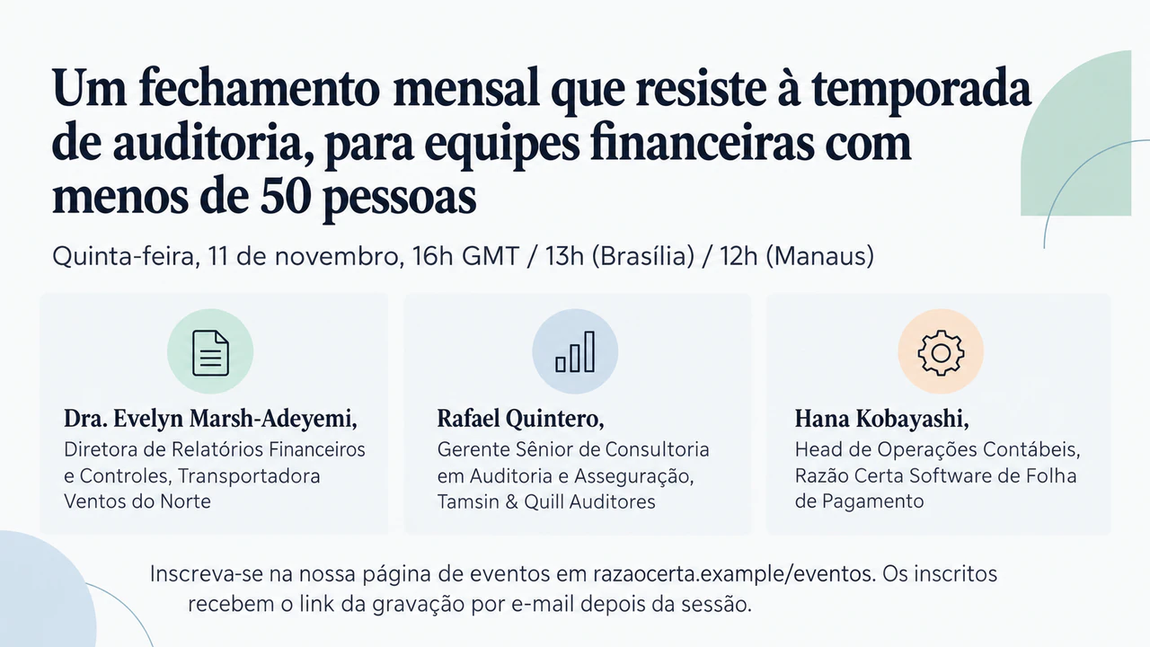 Post de webinar com palestrantes, fuso horário e linha de inscrição: Três palestrantes com cargos longos e três fusos horários, em post horizontal para o LinkedIn
