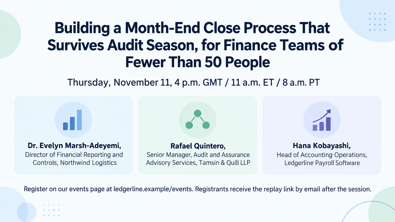 Webinar post with speakers, time zone and a registration line: Three speakers with long titles and three time zones, as a wide LinkedIn post