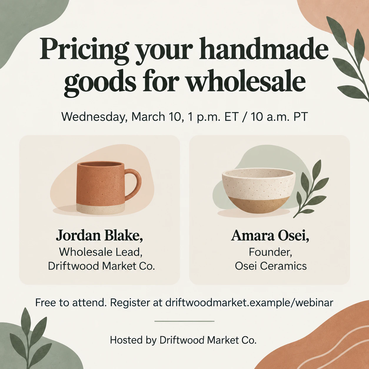 Webinar post with speakers, time zone and a registration line example
