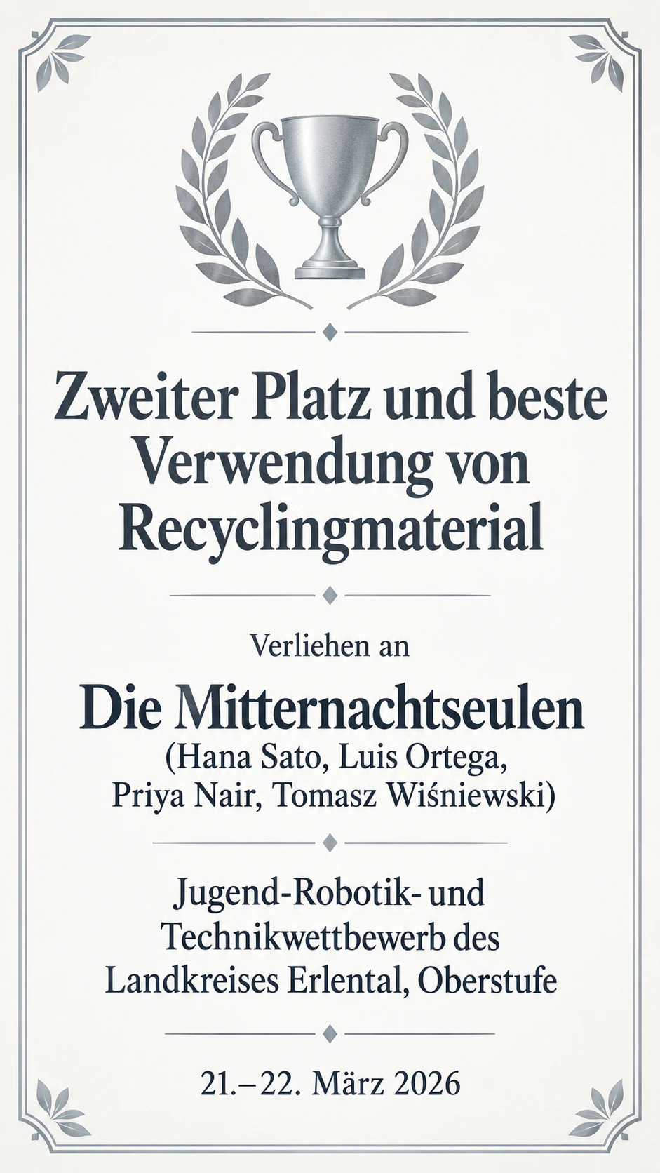 Siegerurkunde für einen Wettbewerb: Siegerteam mit Mitgliedernamen, Sonderpreis, ohne Verleihende