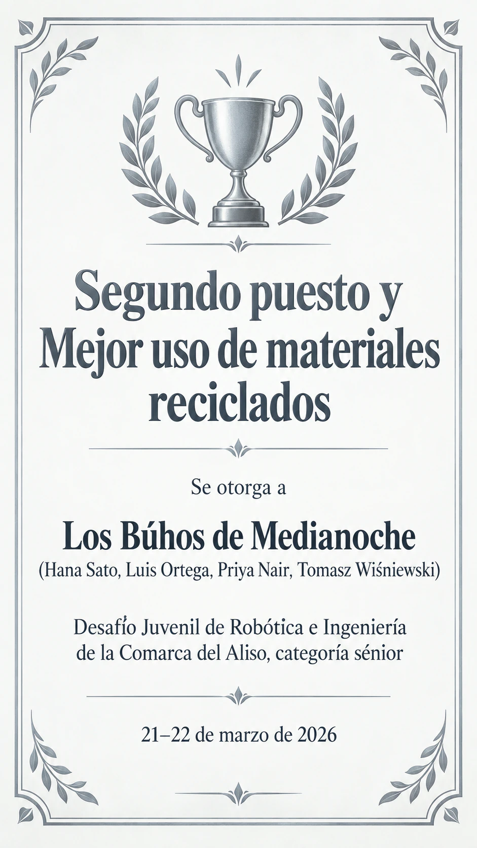 Diploma para el ganador de un concurso: Equipo ganador con nombres de sus miembros, premio de categoría, sin entidad que lo entrega