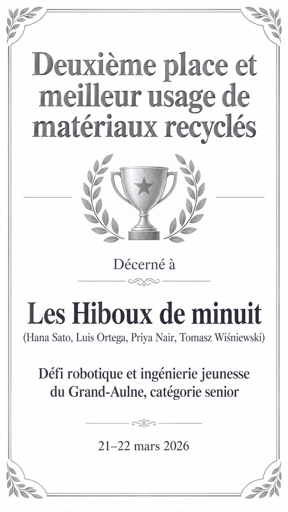 Diplôme de gagnant pour un concours ou une compétition : Équipe de quatre membres, deux prix et aucun remettant