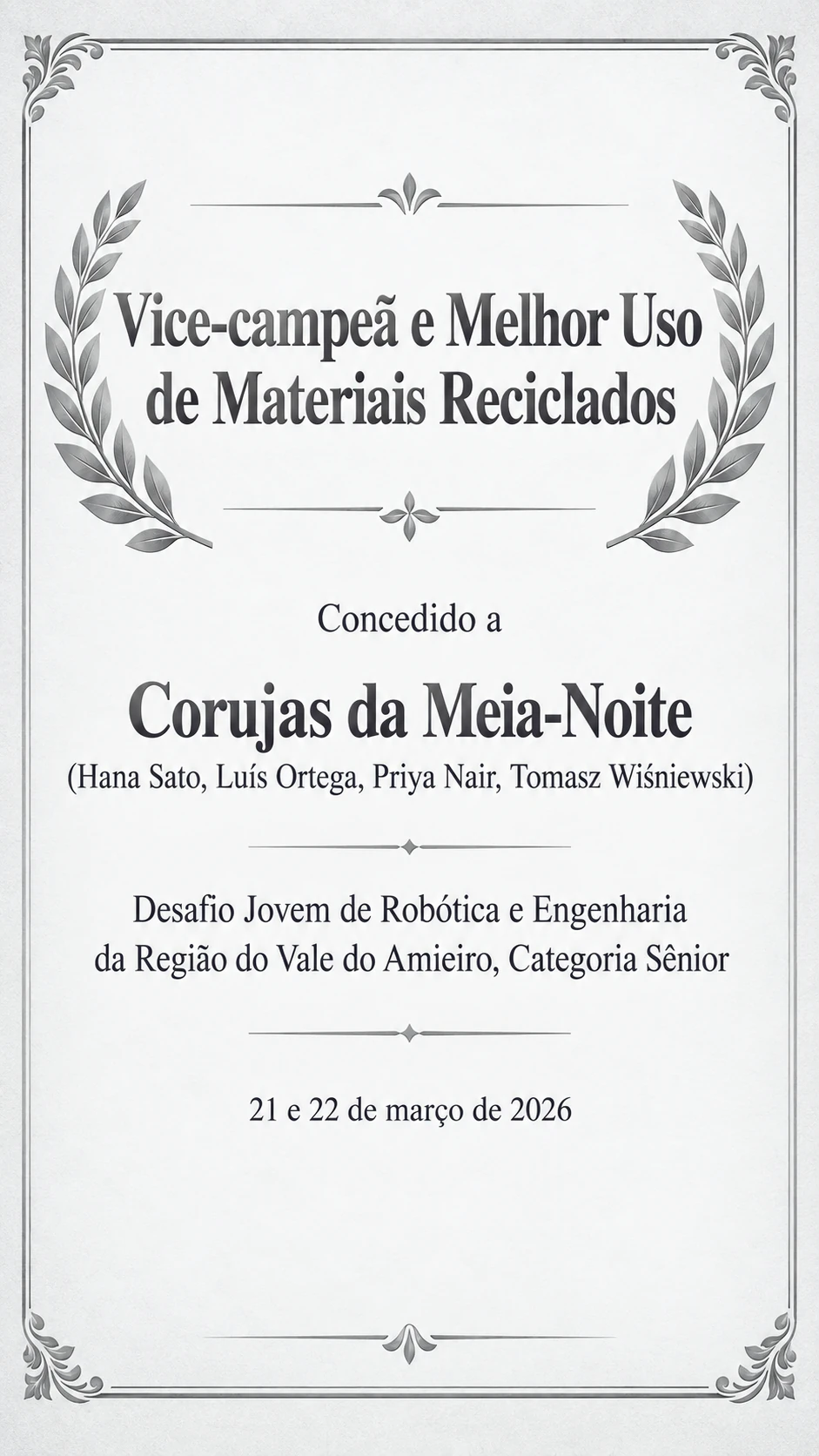 Certificado de vencedor de concurso: Equipe vencedora com nomes dos integrantes, prêmio de categoria e sem quem entrega