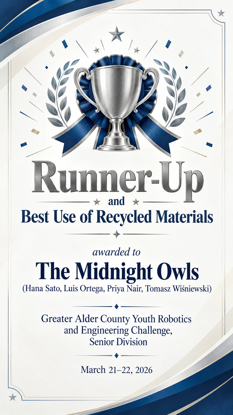 Competition winner certificate: Team winner with member names, category award, no presenter