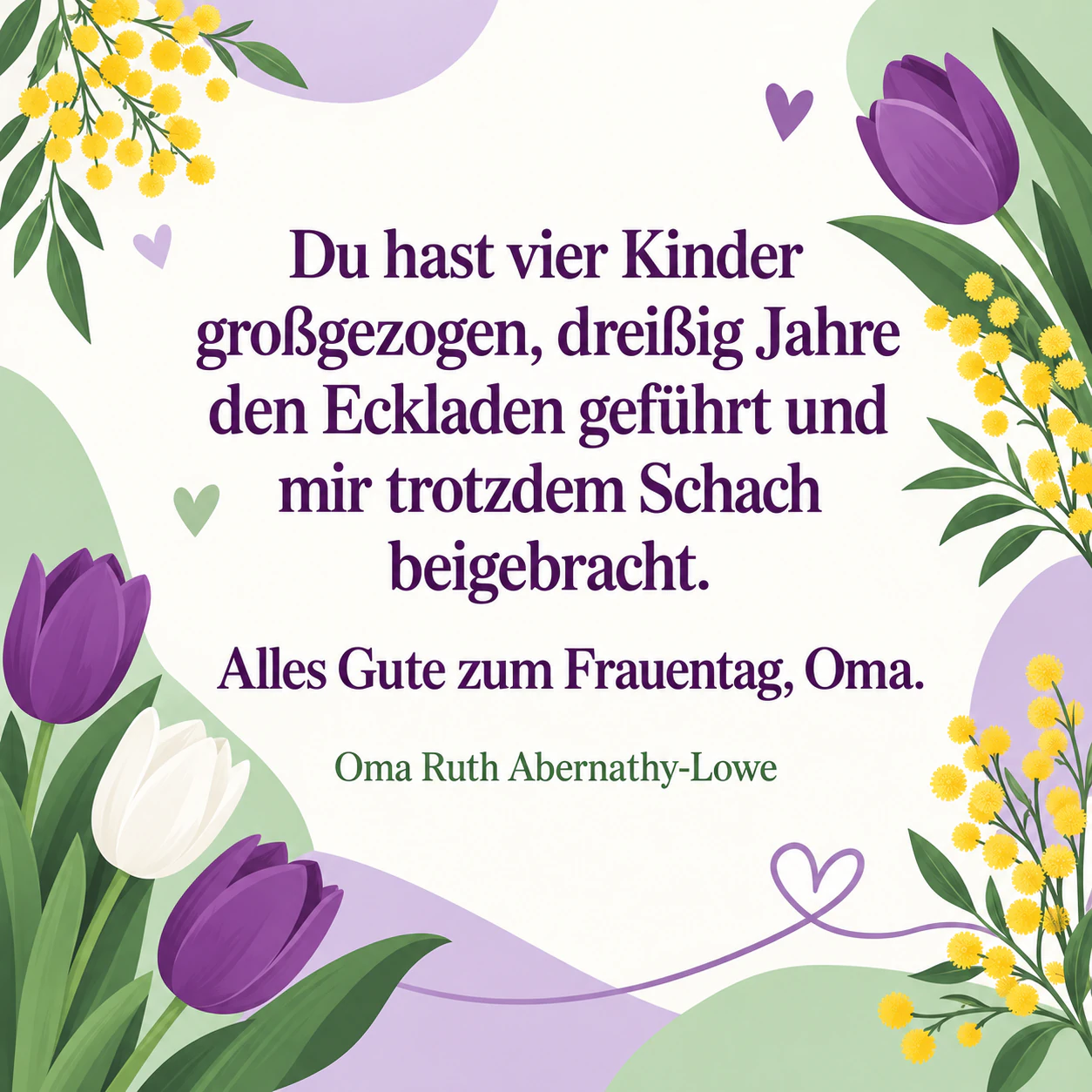 Karte zum Frauentag, um Danke zu sagen: Persönliche Karte an die Großmutter mit Zahlen in der Botschaft, ohne Stil und Gruß