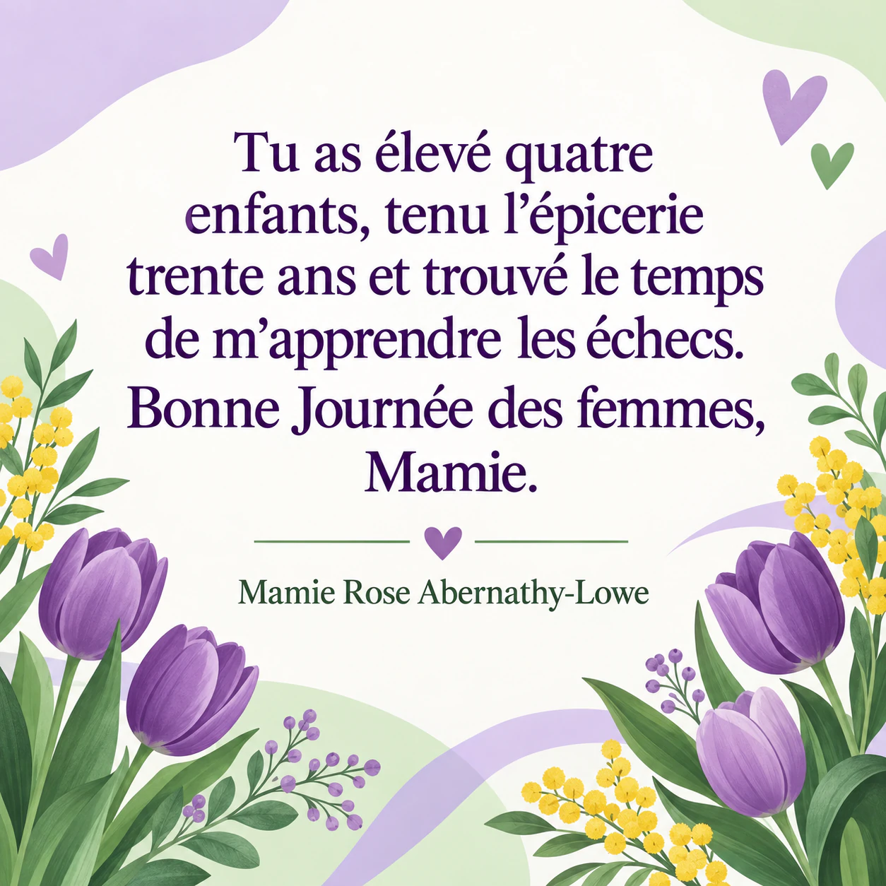 Carte du 8 mars pour remercier une collègue ou un proche : Message personnel à une grand-mère, sans style ni signature