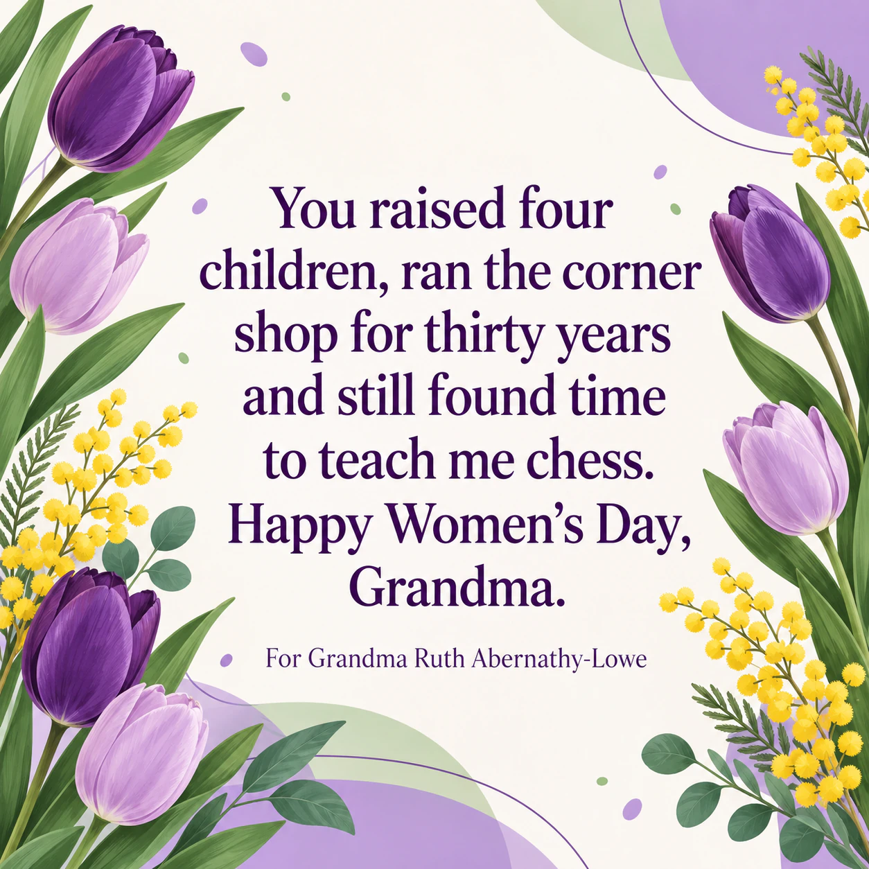 Women's Day card to thank someone: Personal card to a grandmother with numbers in the message, no style or sign-off