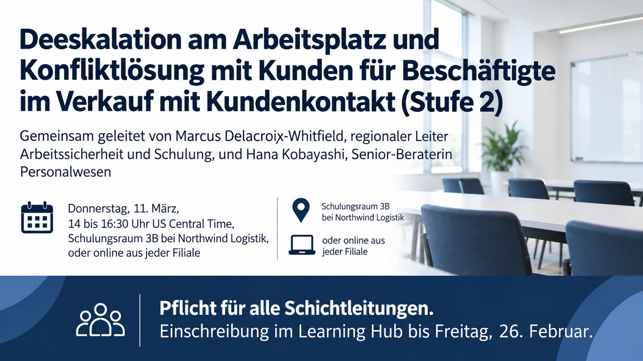 Flyer für Workshop oder Schulung mit Ablauf und Anmeldeband: Pflichtschulung mit zwei Kursleitungen, hybrider Teilnahme und ohne Ablauf