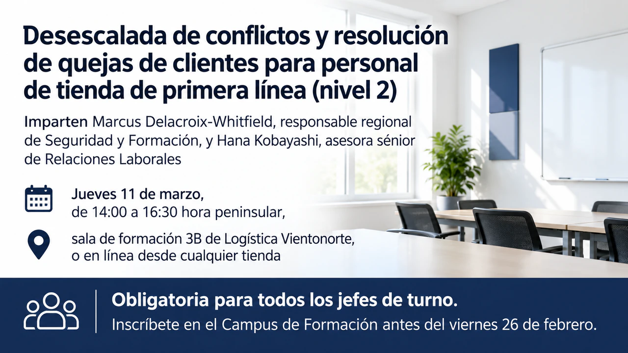 Folleto de taller o formación con programa y franja de inscripción: Formación obligatoria para la plantilla con dos formadores, opción híbrida y sin programa