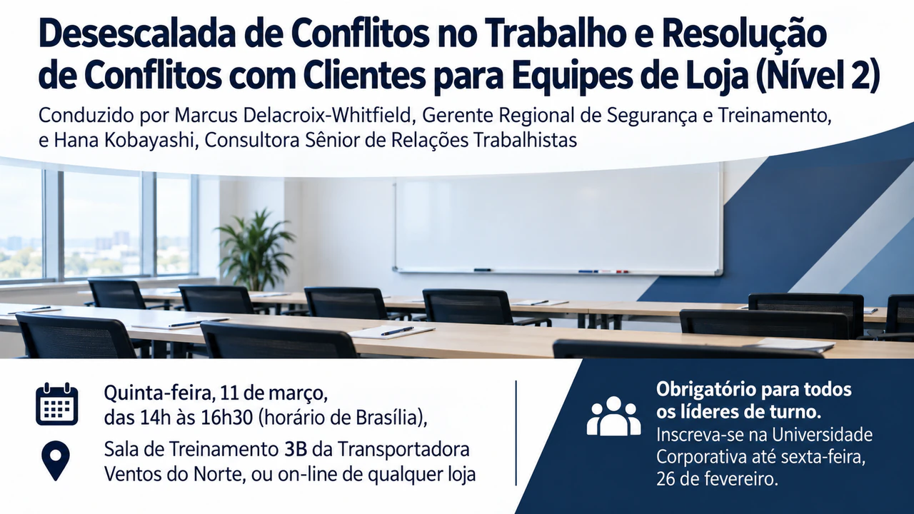 Flyer de workshop ou treinamento com programação e faixa de inscrição: Treinamento obrigatório com dois instrutores, opção híbrida e sem programação