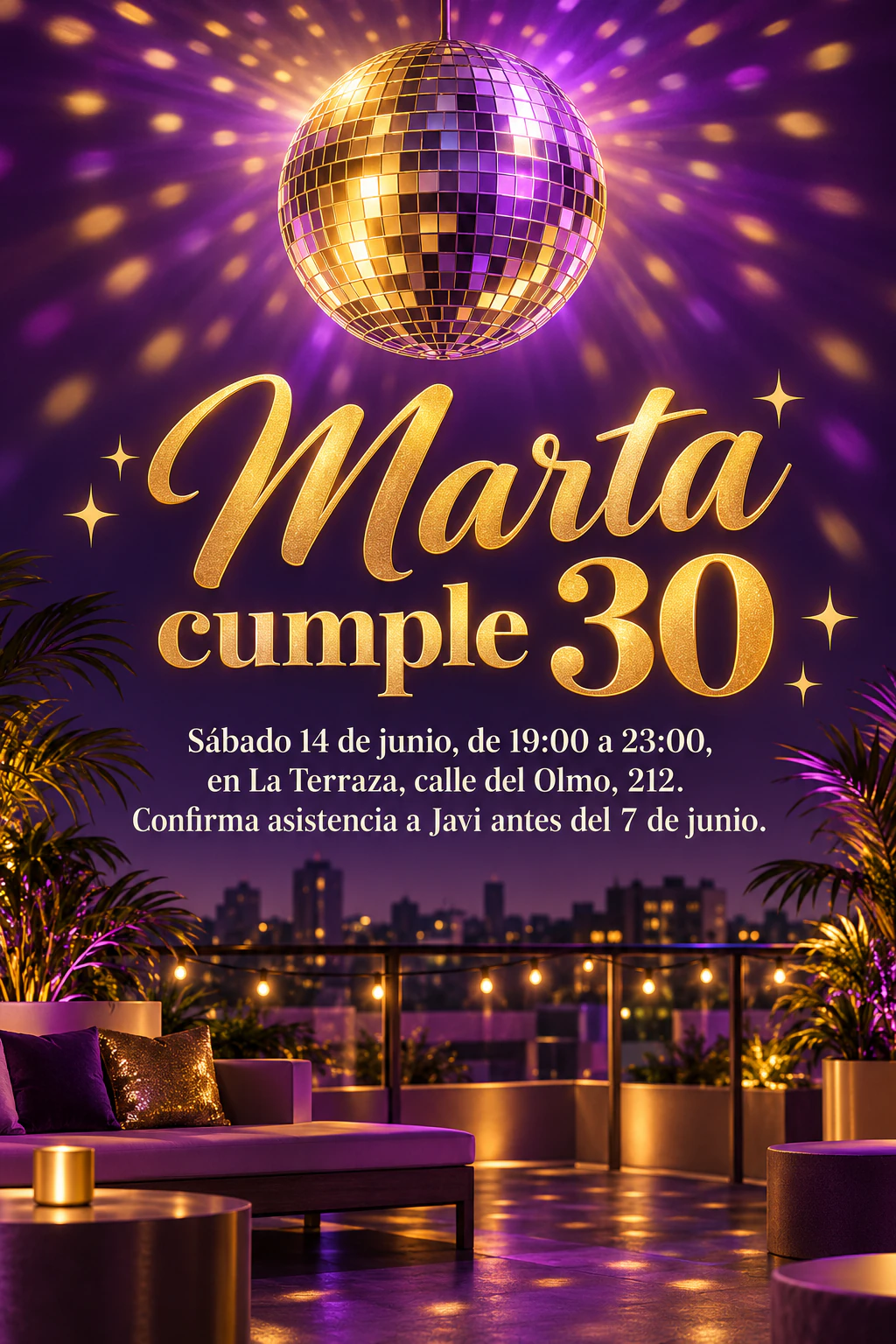 Flyer para una fiesta de cumpleaños en una azotea