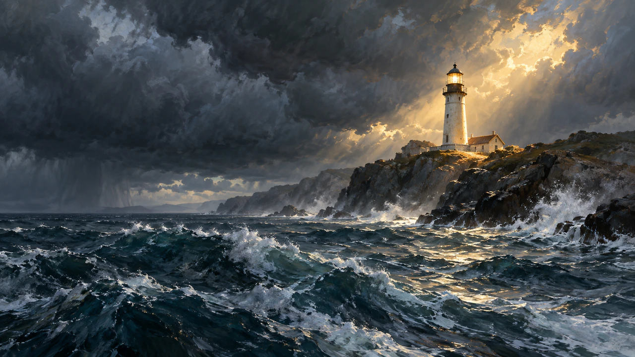 Faro bajo la tormenta a partir de un prompt corto